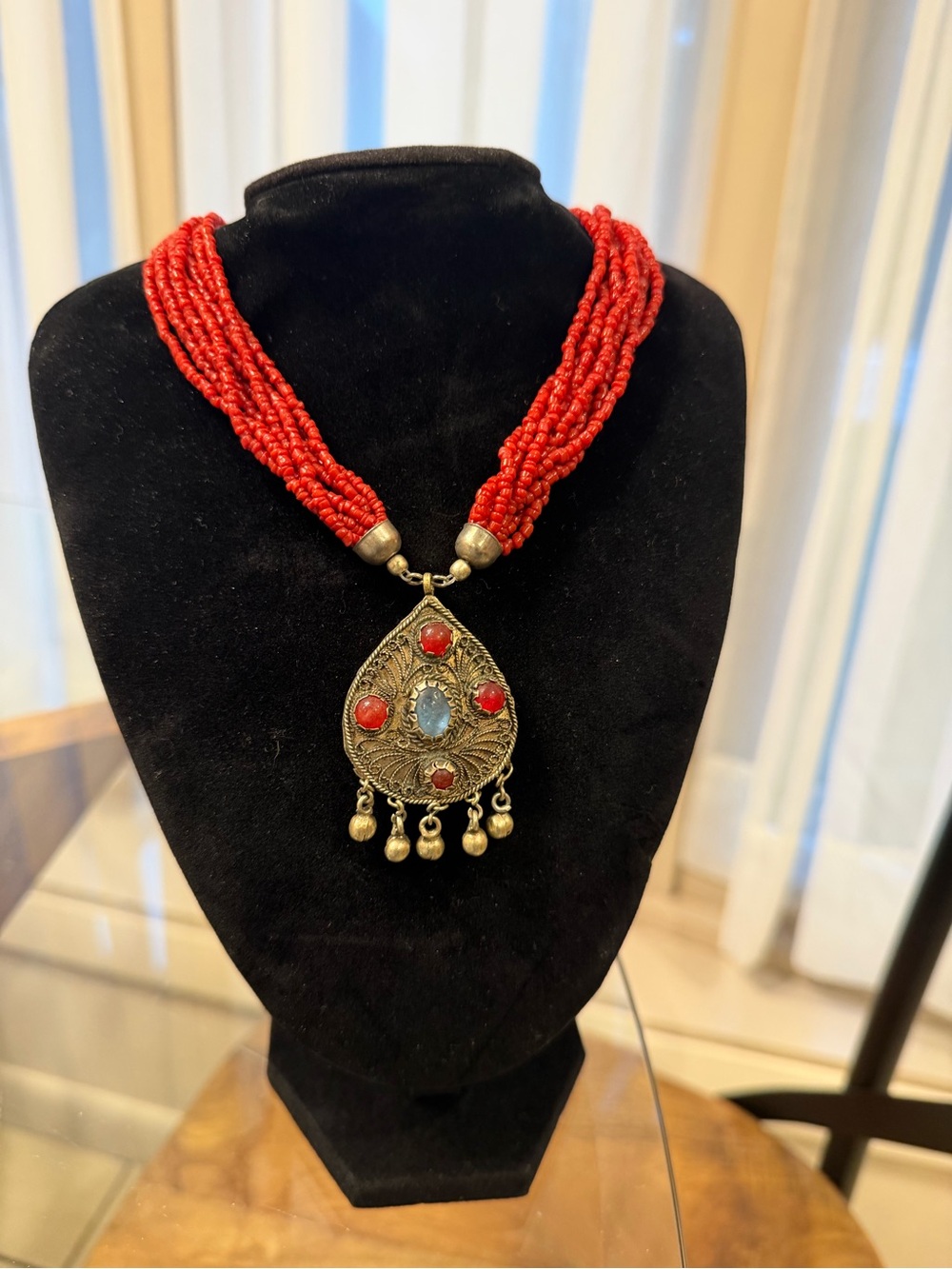 Vintage One of a Kind Coral Red Beaded Pendant Necklace with Brass Filigree